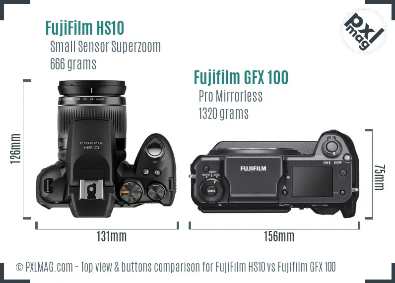 FujiFilm HS10 vs Fujifilm GFX 100 top view buttons comparison