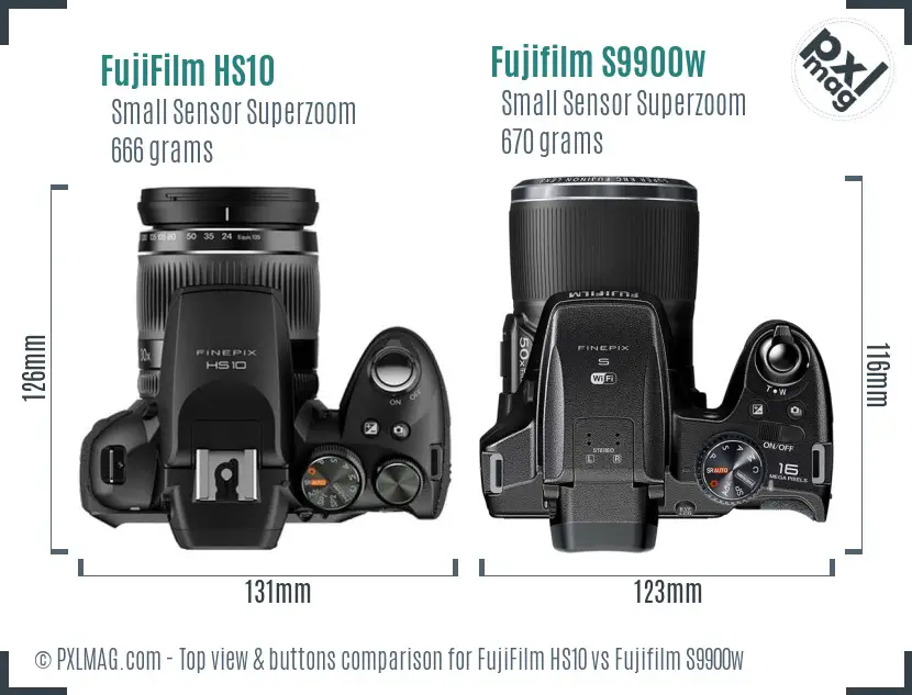 FujiFilm HS10 vs Fujifilm S9900w top view buttons comparison