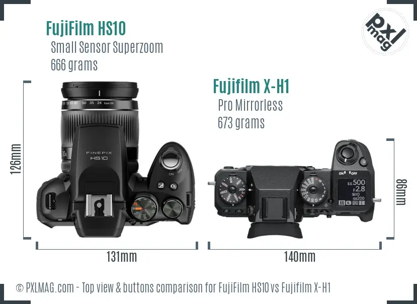 FujiFilm HS10 vs Fujifilm X-H1 top view buttons comparison