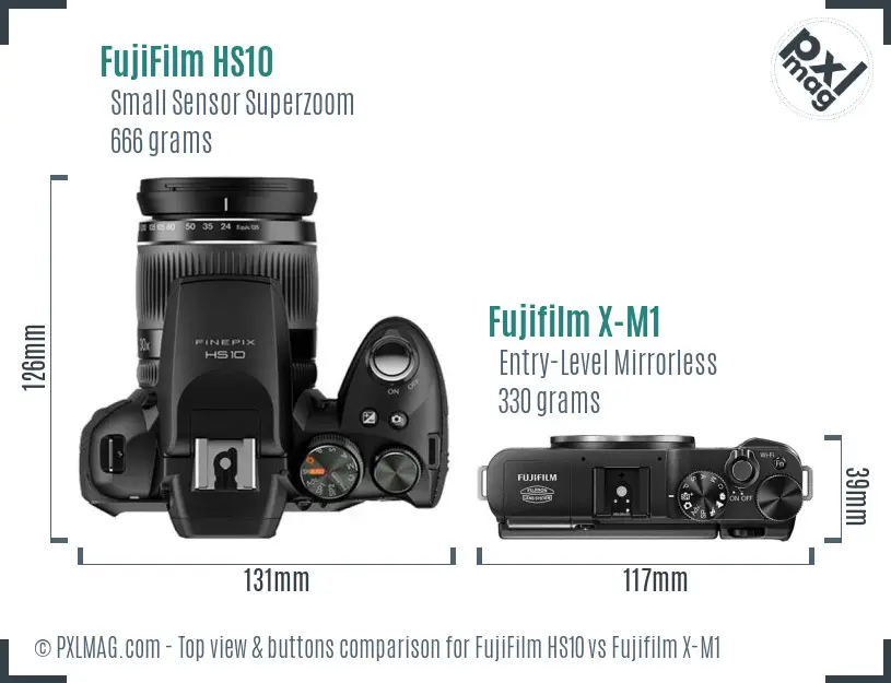 FujiFilm HS10 vs Fujifilm X-M1 top view buttons comparison
