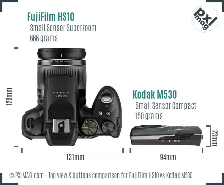 FujiFilm HS10 vs Kodak M530 top view buttons comparison