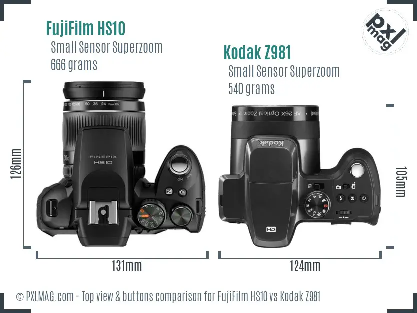 FujiFilm HS10 vs Kodak Z981 top view buttons comparison