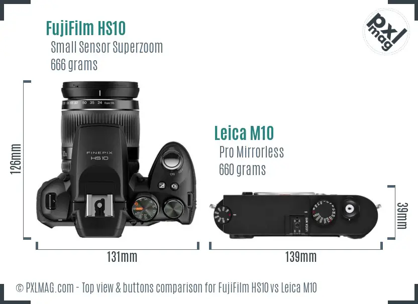 FujiFilm HS10 vs Leica M10 top view buttons comparison