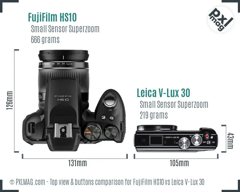FujiFilm HS10 vs Leica V-Lux 30 top view buttons comparison