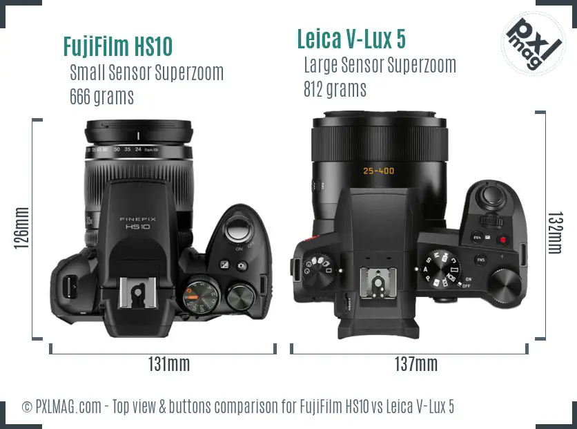 FujiFilm HS10 vs Leica V-Lux 5 top view buttons comparison