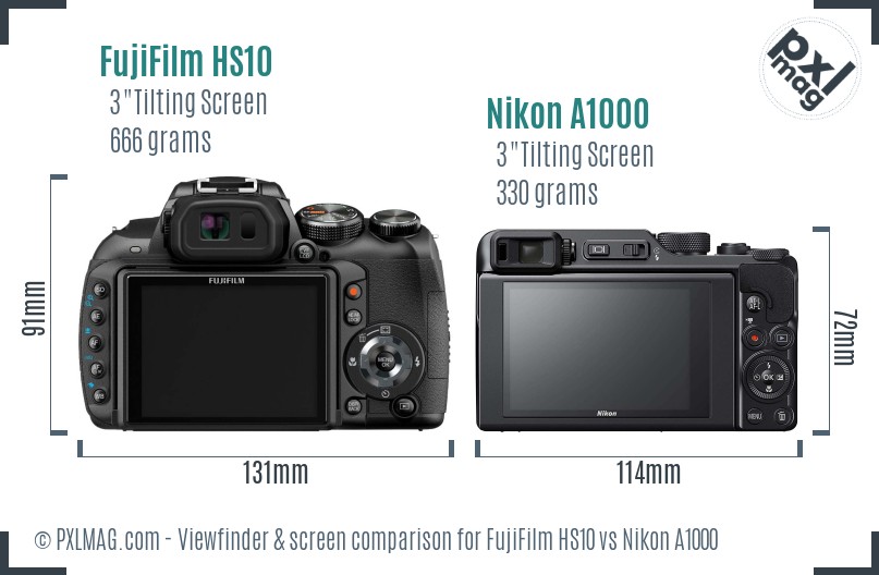 FujiFilm HS10 vs Nikon A1000 Screen and Viewfinder comparison