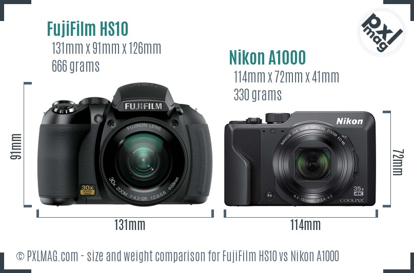 FujiFilm HS10 vs Nikon A1000 size comparison FujiFilm HS10 vs Nikon A1000 size comparison