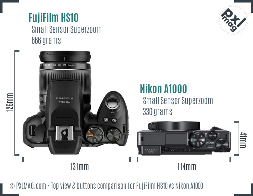FujiFilm HS10 vs Nikon A1000 top view buttons comparison