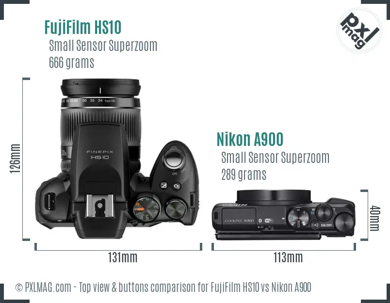FujiFilm HS10 vs Nikon A900 top view buttons comparison