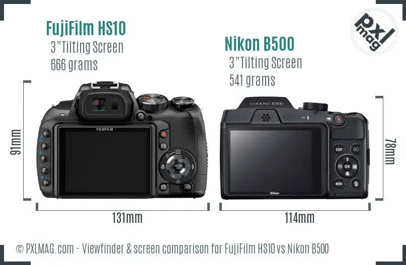FujiFilm HS10 vs Nikon B500 Screen and Viewfinder comparison