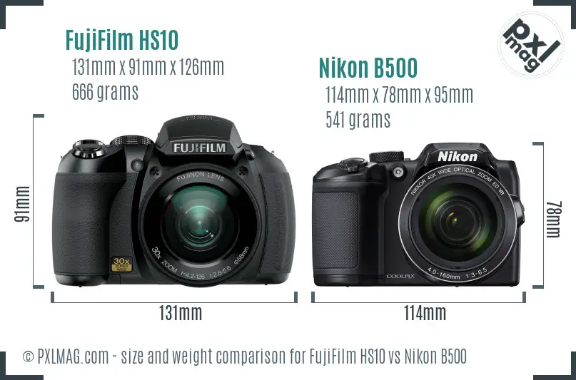 FujiFilm HS10 vs Nikon B500 size comparison