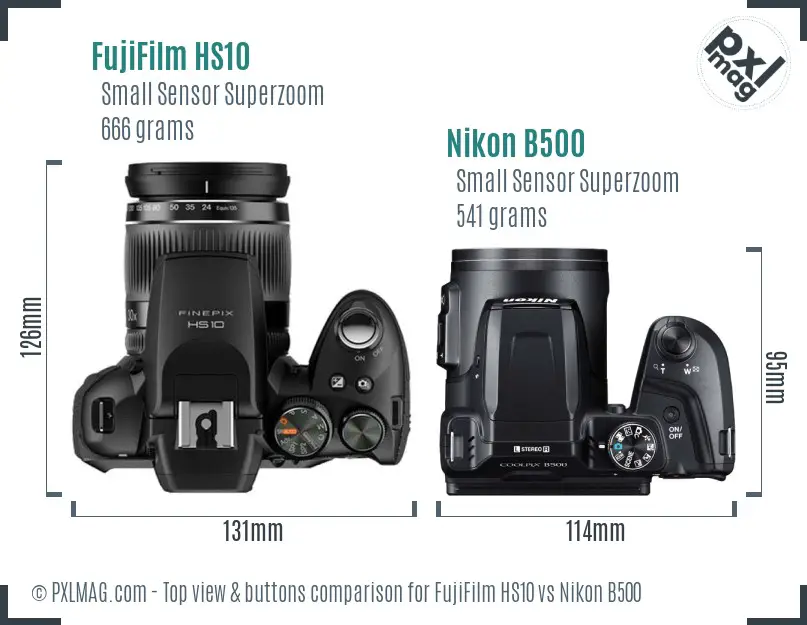 FujiFilm HS10 vs Nikon B500 top view buttons comparison