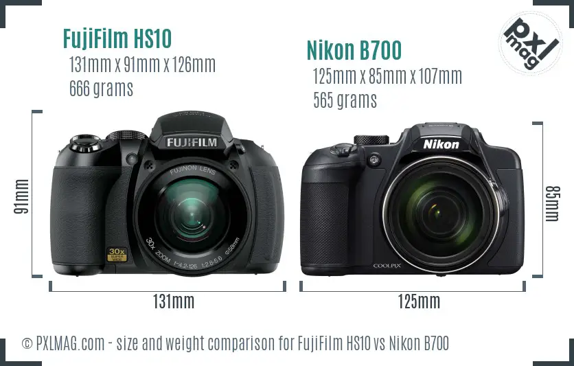 FujiFilm HS10 vs Nikon B700 size comparison