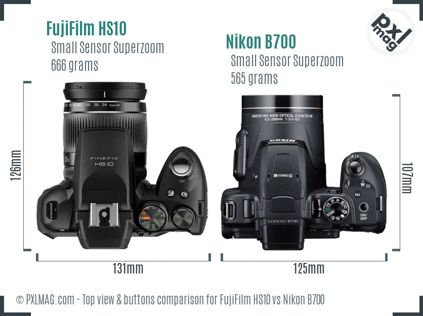 FujiFilm HS10 vs Nikon B700 top view buttons comparison