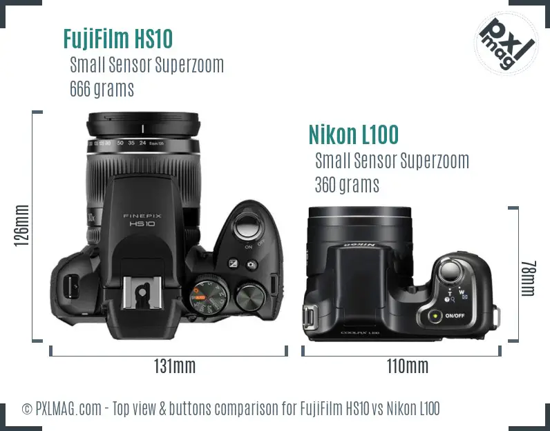 FujiFilm HS10 vs Nikon L100 top view buttons comparison FujiFilm HS10 vs Nikon L100 top view buttons comparison