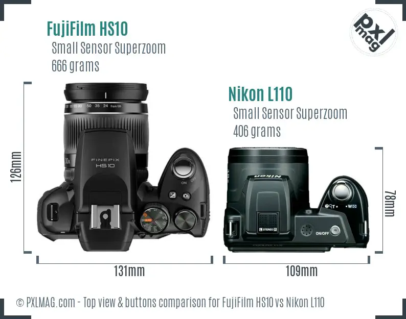 FujiFilm HS10 vs Nikon L110 top view buttons comparison FujiFilm HS10 vs Nikon L110 top view buttons comparison