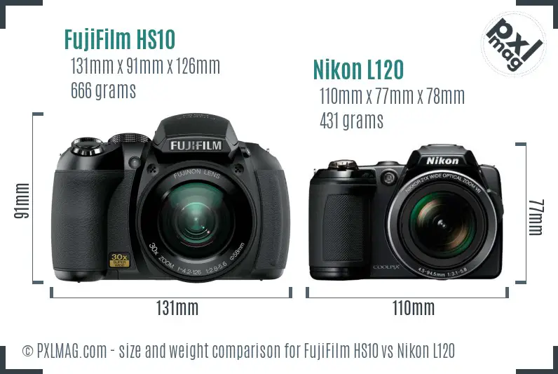 FujiFilm HS10 vs Nikon L120 size comparison