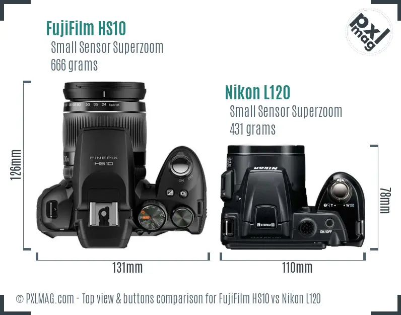 FujiFilm HS10 vs Nikon L120 top view buttons comparison