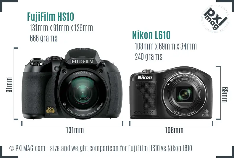 FujiFilm HS10 vs Nikon L610 size comparison