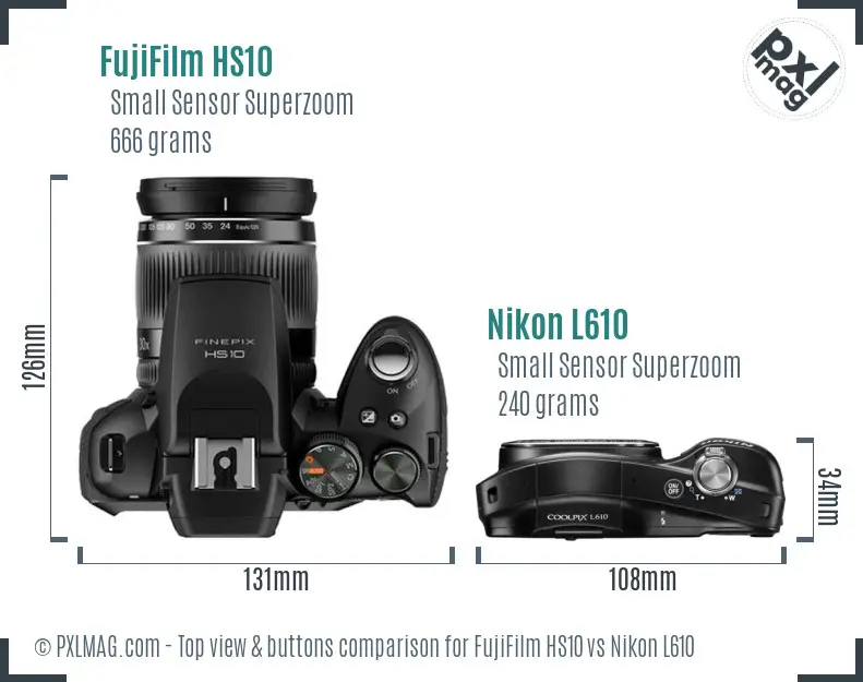 FujiFilm HS10 vs Nikon L610 top view buttons comparison