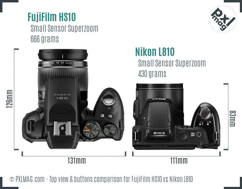 FujiFilm HS10 vs Nikon L810 top view buttons comparison FujiFilm HS10 vs Nikon L810 top view buttons comparison