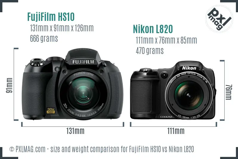 FujiFilm HS10 vs Nikon L820 size comparison