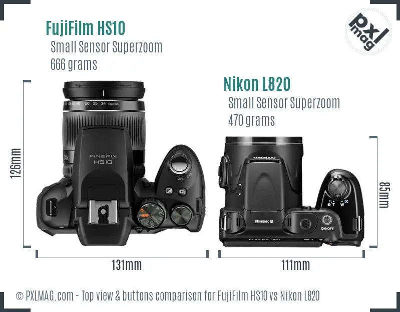 FujiFilm HS10 vs Nikon L820 top view buttons comparison