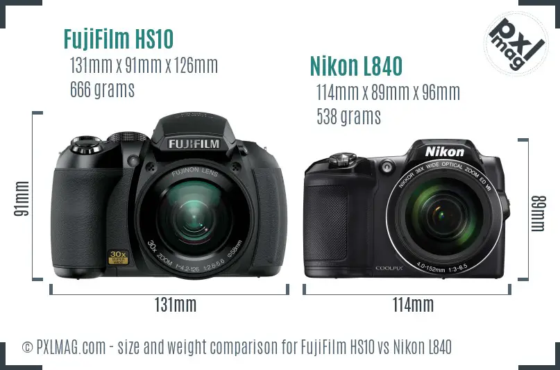 FujiFilm HS10 vs Nikon L840 size comparison