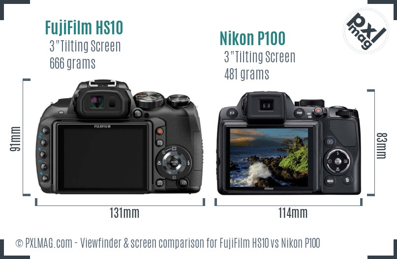 FujiFilm HS10 vs Nikon P100 Screen and Viewfinder comparison