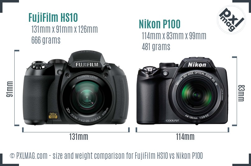 FujiFilm HS10 vs Nikon P100 size comparison