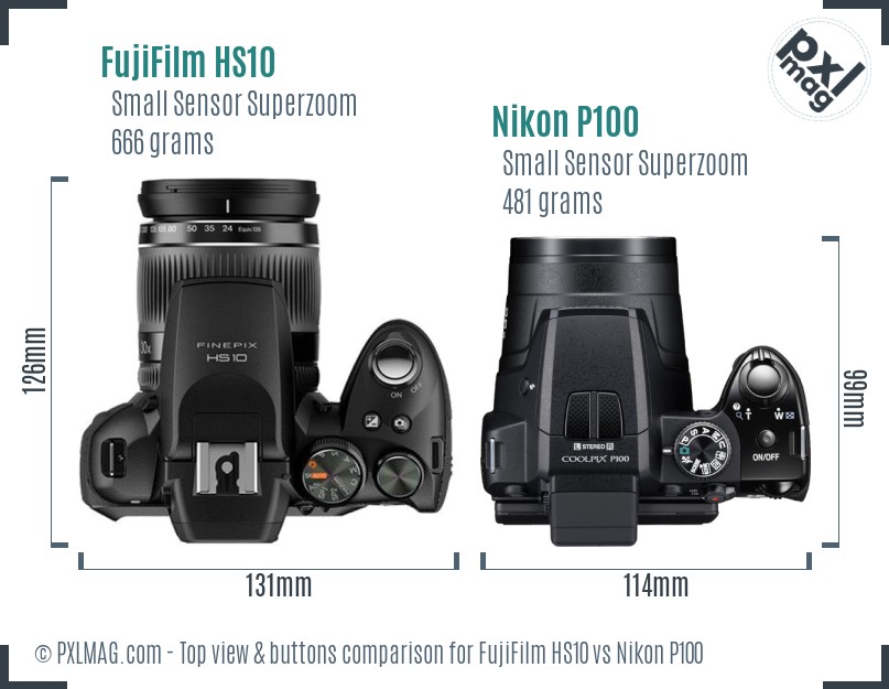 FujiFilm HS10 vs Nikon P100 top view buttons comparison
