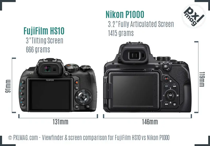 FujiFilm HS10 vs Nikon P1000 Screen and Viewfinder comparison