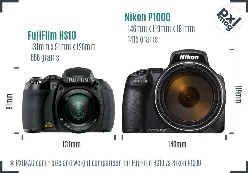 FujiFilm HS10 vs Nikon P1000 size comparison