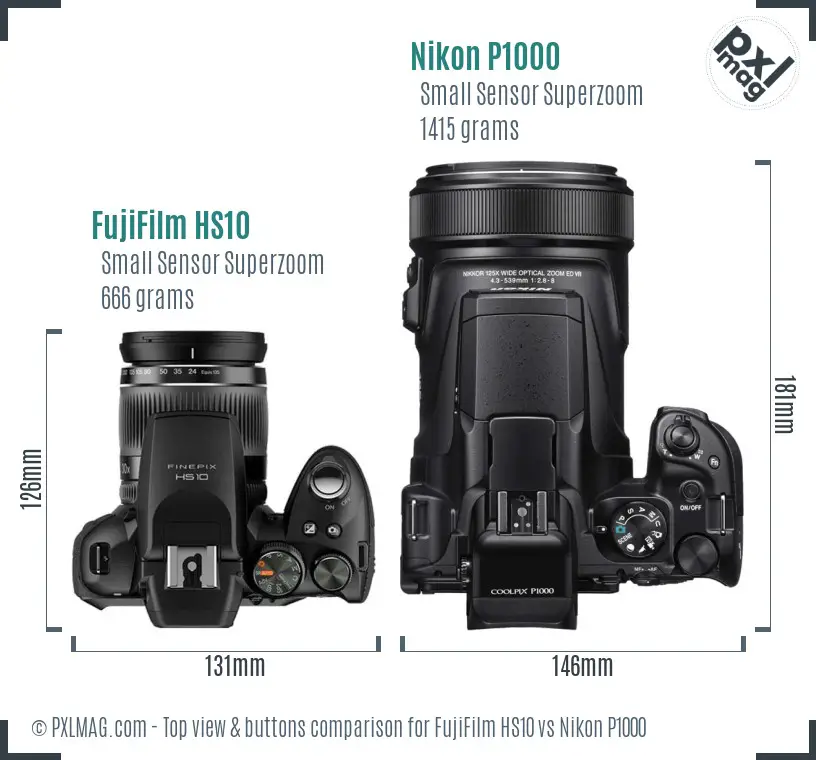 FujiFilm HS10 vs Nikon P1000 top view buttons comparison