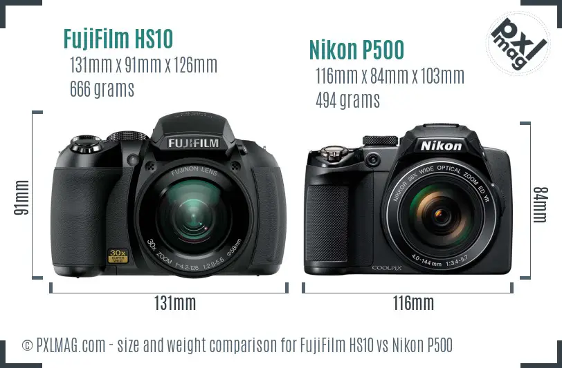 FujiFilm HS10 vs Nikon P500 size comparison FujiFilm HS10 vs Nikon P500 size comparison