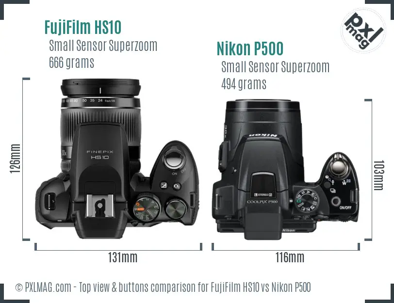 FujiFilm HS10 vs Nikon P500 top view buttons comparison FujiFilm HS10 vs Nikon P500 top view buttons comparison
