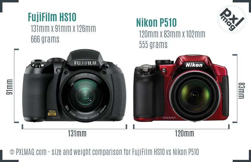 FujiFilm HS10 vs Nikon P510 size comparison