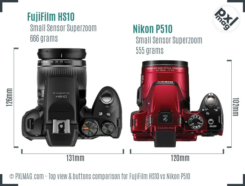 FujiFilm HS10 vs Nikon P510 top view buttons comparison