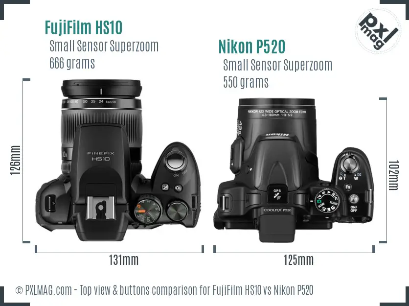 FujiFilm HS10 vs Nikon P520 top view buttons comparison FujiFilm HS10 vs Nikon P520 top view buttons comparison