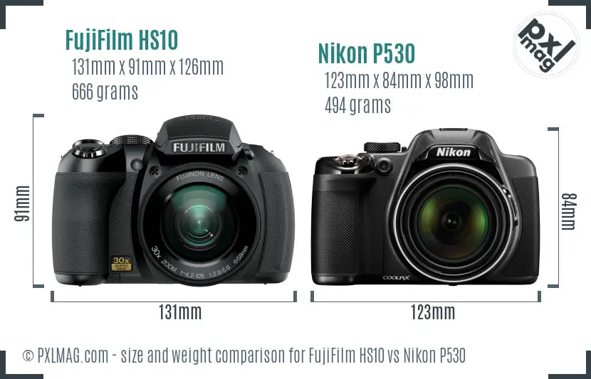 FujiFilm HS10 vs Nikon P530 size comparison