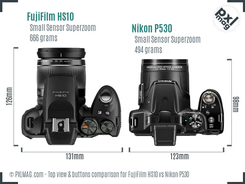 FujiFilm HS10 vs Nikon P530 top view buttons comparison