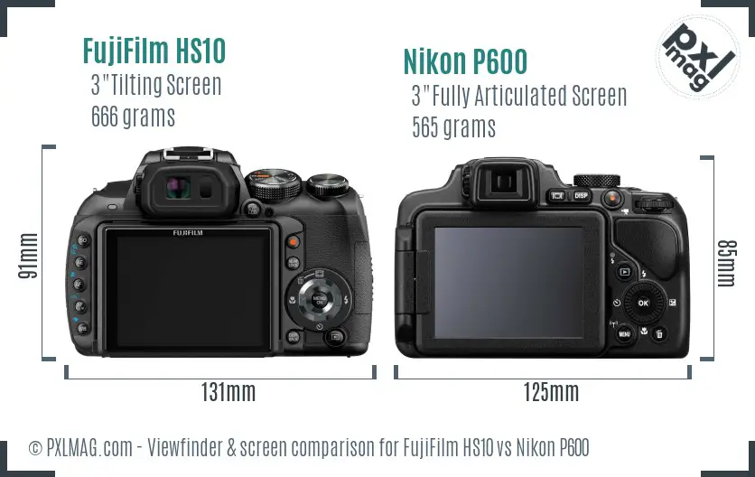 FujiFilm HS10 vs Nikon P600 Screen and Viewfinder comparison