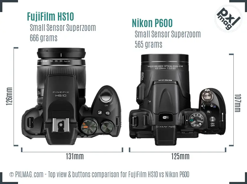 FujiFilm HS10 vs Nikon P600 top view buttons comparison