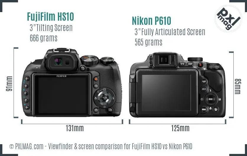 FujiFilm HS10 vs Nikon P610 Screen and Viewfinder comparison