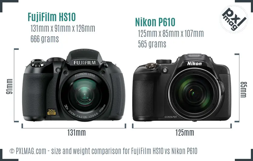 FujiFilm HS10 vs Nikon P610 size comparison