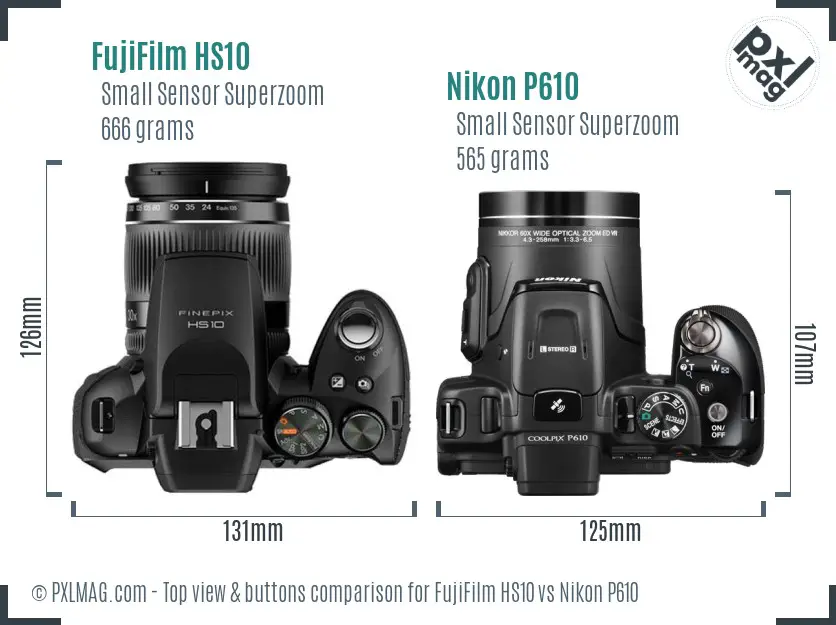 FujiFilm HS10 vs Nikon P610 top view buttons comparison