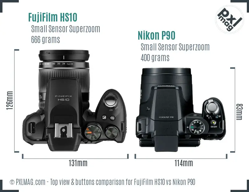 FujiFilm HS10 vs Nikon P90 top view buttons comparison
