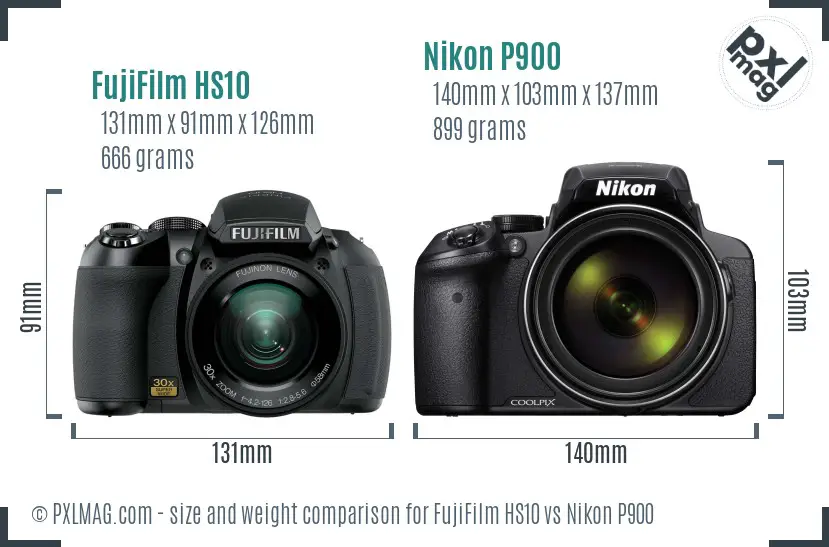 FujiFilm HS10 vs Nikon P900 size comparison