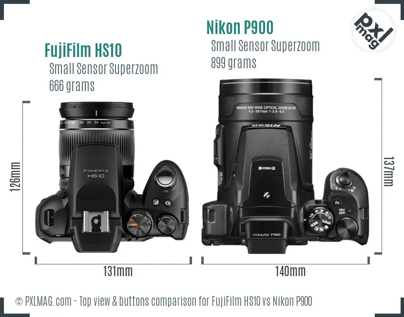 FujiFilm HS10 vs Nikon P900 top view buttons comparison