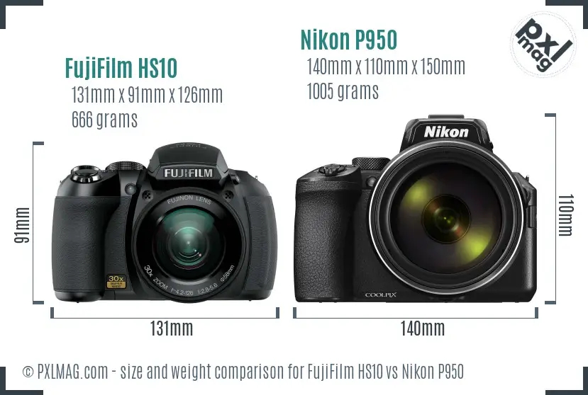FujiFilm HS10 vs Nikon P950 size comparison